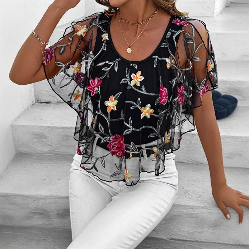 Women's Top with Lace Mesh and Print