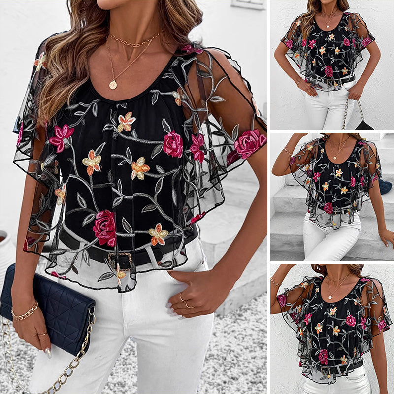 Women's Top with Lace Mesh and Print