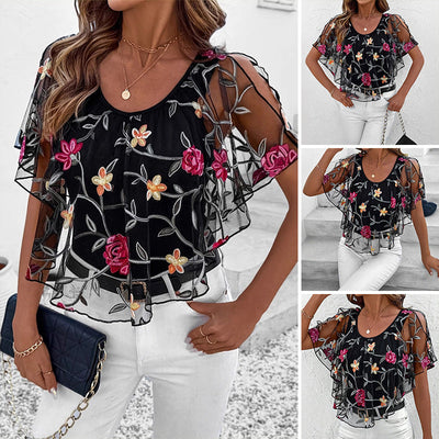 Women's Top with Lace Mesh and Print
