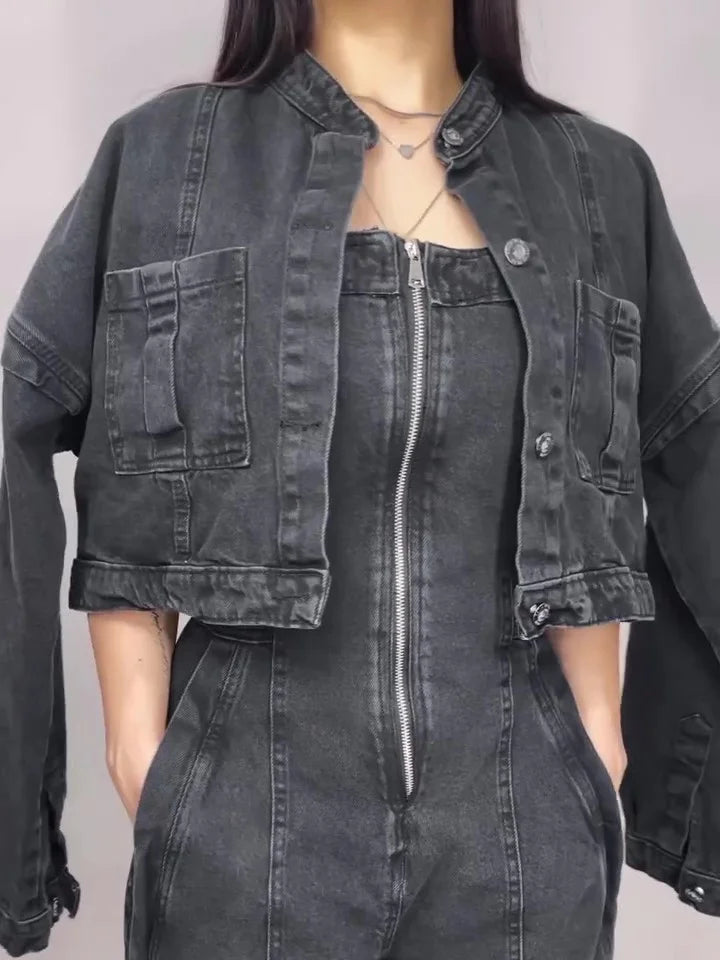Denim Bandeau Zipper Jumpsuit & Jacket Set