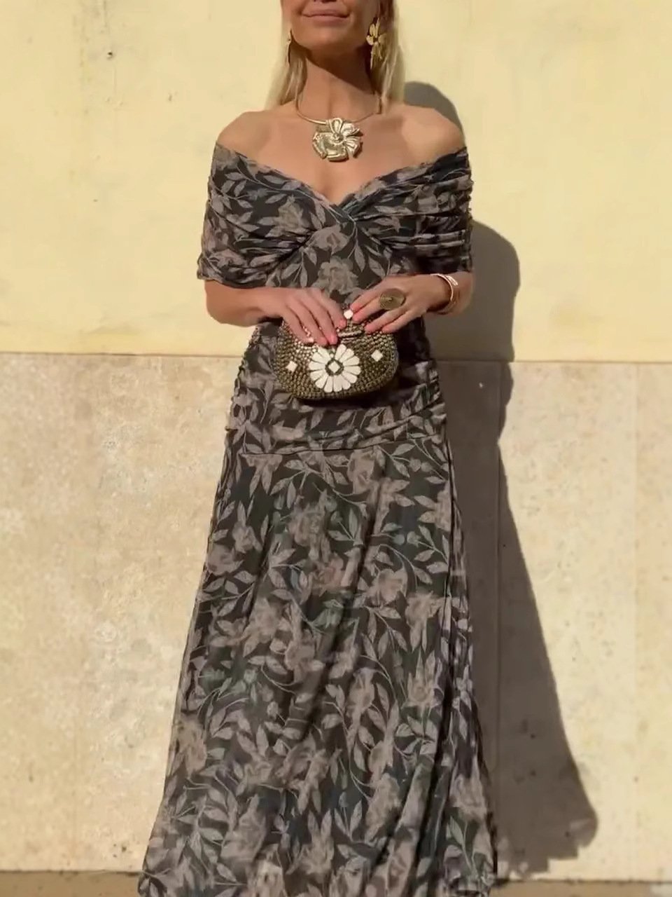 Off-Shoulder V-Neck Printed Dress for Women