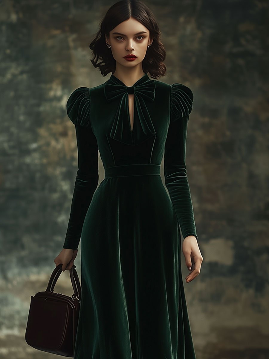 Juliette – Velvet Maxi Dress with Stand-Up Collar and Bow Detail