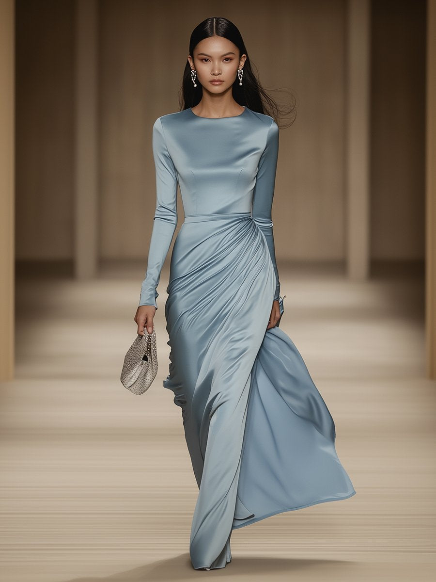Selene – Blue Satin Maxi Dress with Round Neck and Long Sleeves