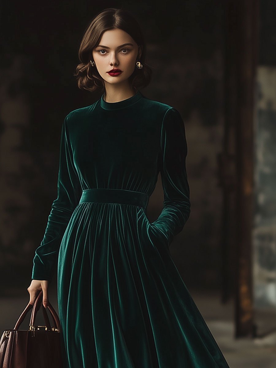 Maëlle – Velvet Maxi Dress with Standard Collar and Long Sleeves