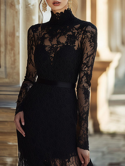 Seraphina – Elegant Black Lace Maxi Dress with High Collar