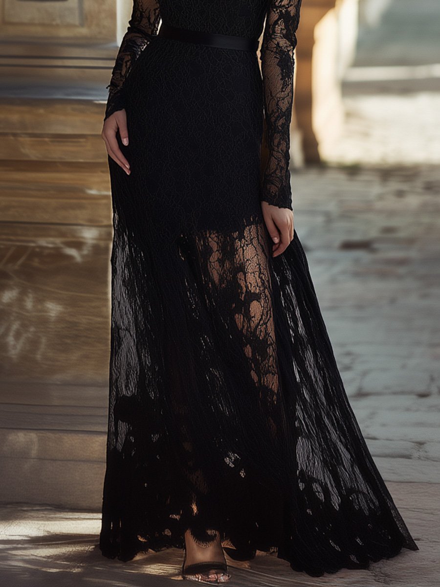 Seraphina – Elegant Black Lace Maxi Dress with High Collar