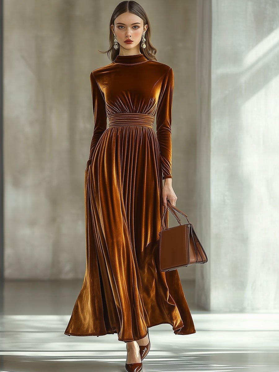 Elina – Solid Maxi Dress with Long Sleeves and Half Collar