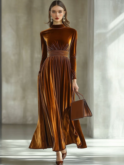 Elina – Solid Maxi Dress with Long Sleeves and Half Collar
