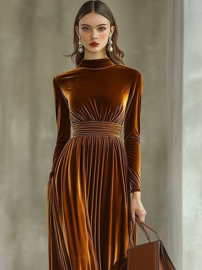 Elina – Solid Maxi Dress with Long Sleeves and Half Collar