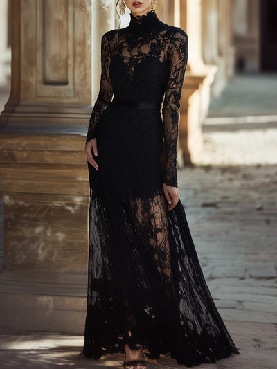 Seraphina – Elegant Black Lace Maxi Dress with High Collar