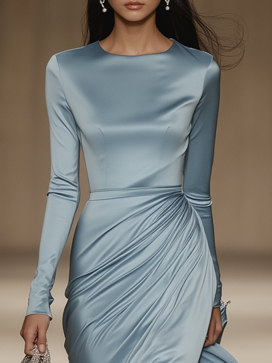 Selene – Blue Satin Maxi Dress with Round Neck and Long Sleeves