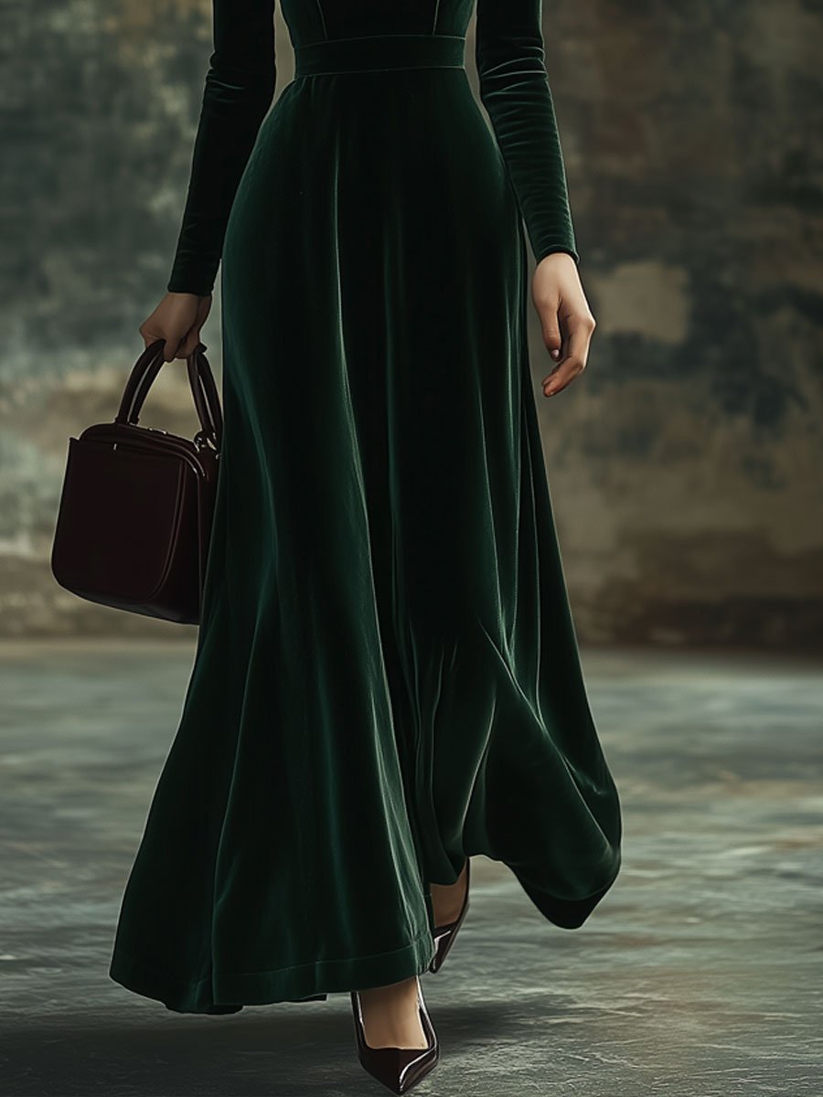 Juliette – Velvet Maxi Dress with Stand-Up Collar and Bow Detail