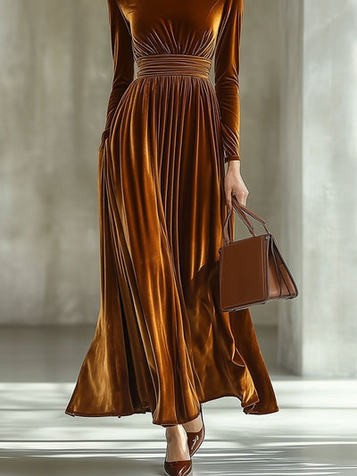 Elina – Solid Maxi Dress with Long Sleeves and Half Collar