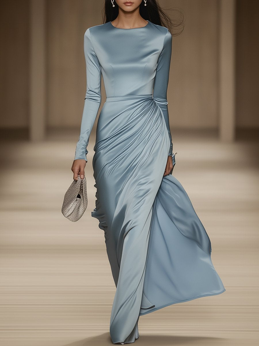 Selene – Blue Satin Maxi Dress with Round Neck and Long Sleeves