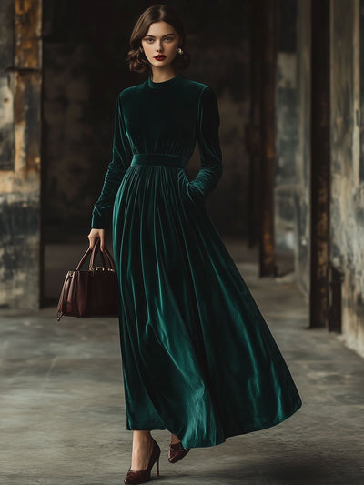 Maëlle – Velvet Maxi Dress with Standard Collar and Long Sleeves