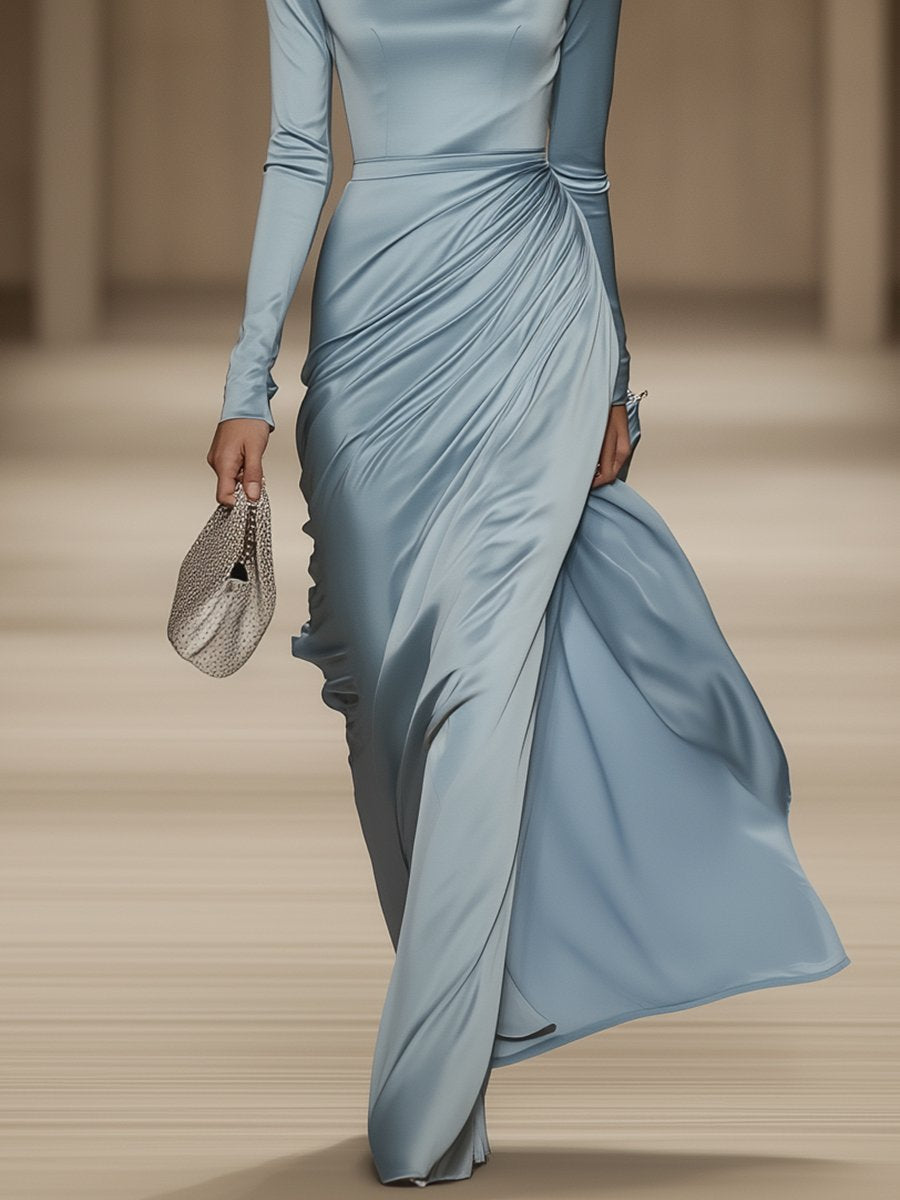 Selene – Blue Satin Maxi Dress with Round Neck and Long Sleeves