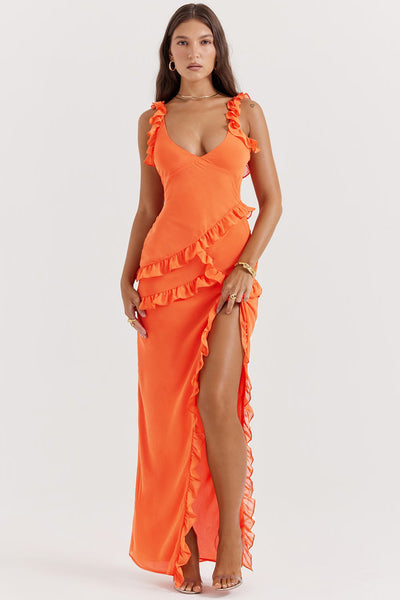 Riana Flowing Dress with Ruffles and Water Neckline