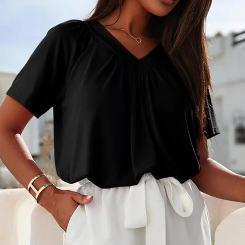 Women's Casual Blouse with Pleats and V-Neck