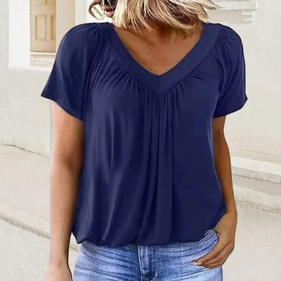 Women's Casual Blouse with Pleats and V-Neck