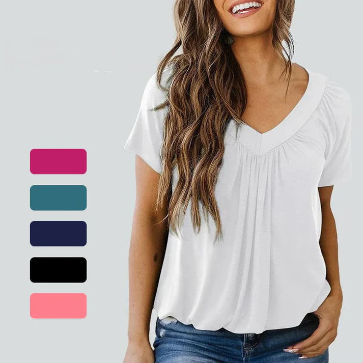 Women's Casual Blouse with Pleats and V-Neck