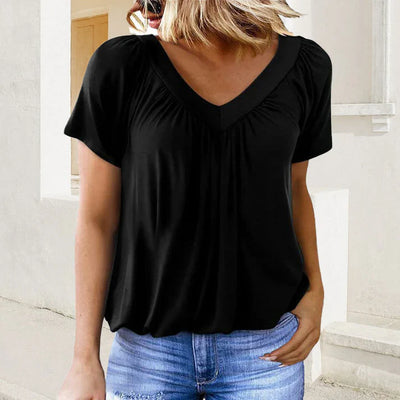 Women's Casual Blouse with Pleats and V-Neck