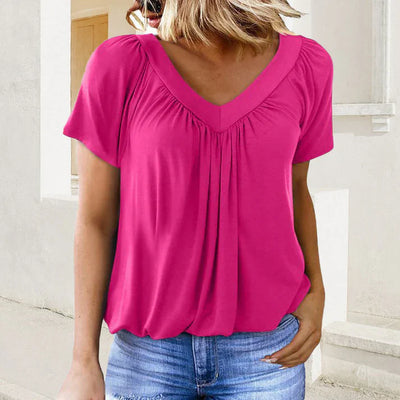 Women's Casual Blouse with Pleats and V-Neck