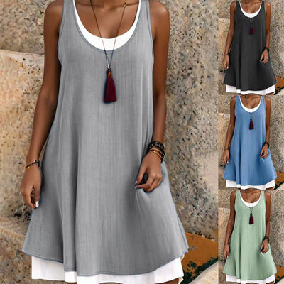 Relaxed, Loose, Sleeveless, Faux Two-Piece Tank Dress for Women