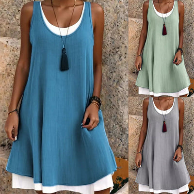 Relaxed, Loose, Sleeveless, Faux Two-Piece Tank Dress for Women