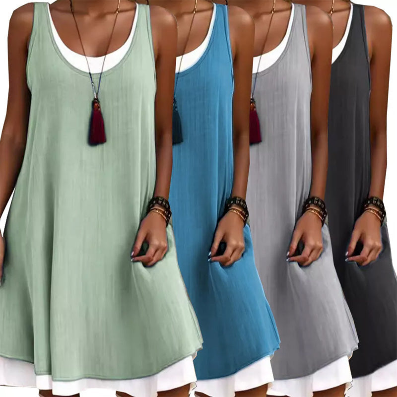 Relaxed, Loose, Sleeveless, Faux Two-Piece Tank Dress for Women